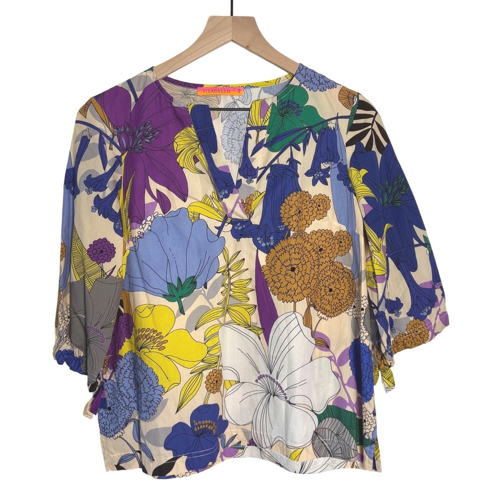 Vilagallo‎ Floral Print Cotton V-Neck Blouse Size 40 Spain Medium